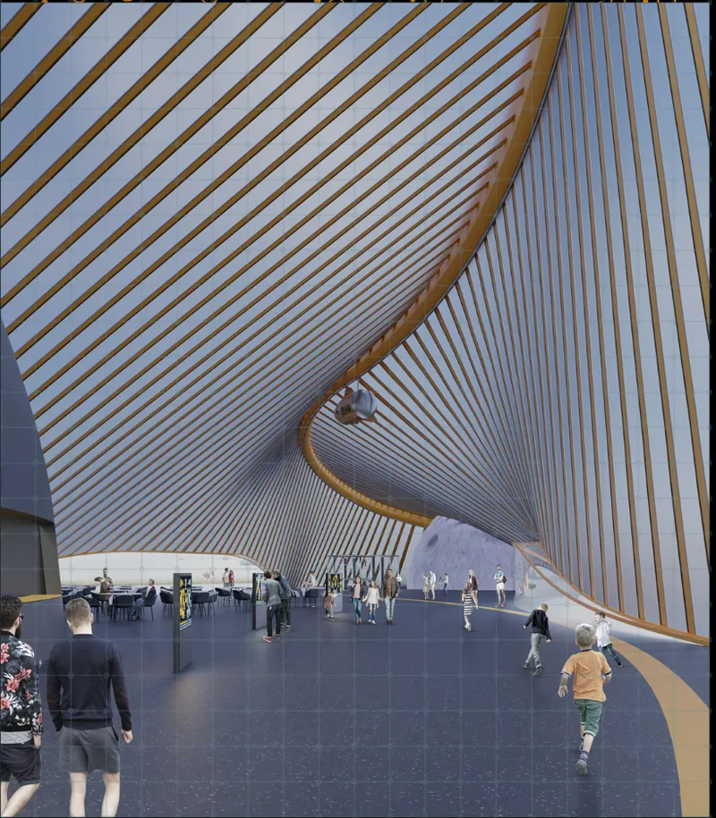 Interior view of the curving timber-battened ceiling soaring above visitors on dark stone flooring