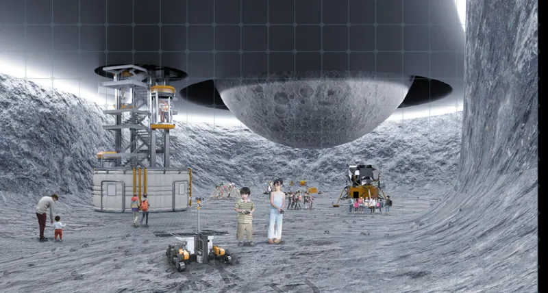 Rendering of a crater-like interior with visitors beneath a suspended spherical planetarium dome