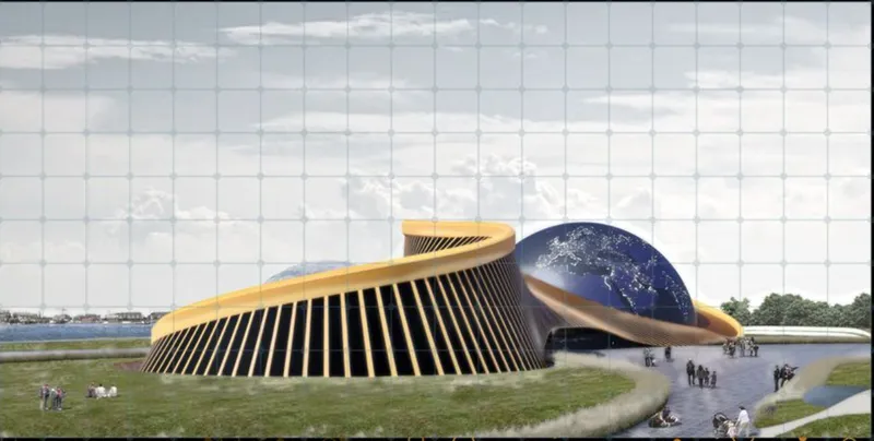 Exterior rendering showing the sloped timber-ribbed facade with a spherical dome volume beside a waterfront