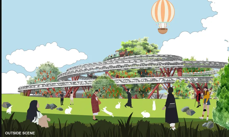 Rendering of a lattice-truss structure with planted terraces, people on the lawn, and a hot air balloon overhead