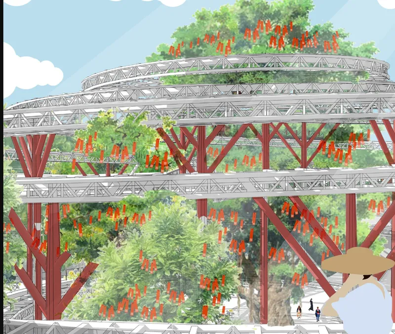 Close-up rendering showing red branching columns supporting layered truss platforms with hanging vegetation and people below