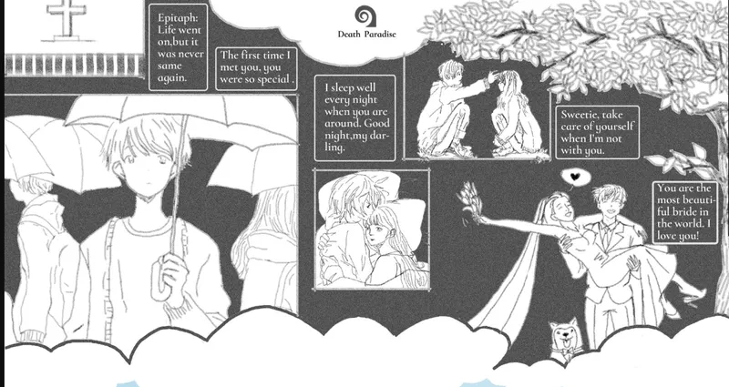 Collage-style graphic mixing anime-style figures with text boxes and decorative elements in black and white