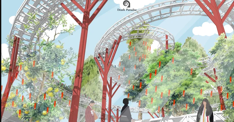 Interior rendering beneath arched lattice trusses with red tree-form columns, hanging lanterns, and dappled sunlight through foliage