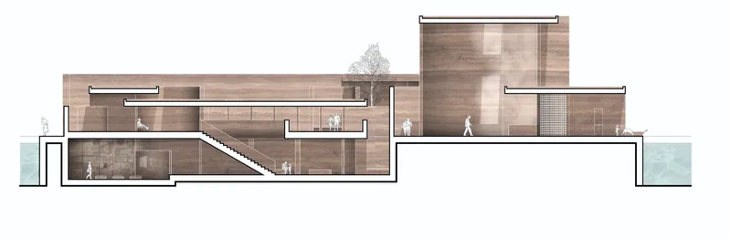 Section drawing showing split-level interiors with timber cladding, staircase and figures in silhouette