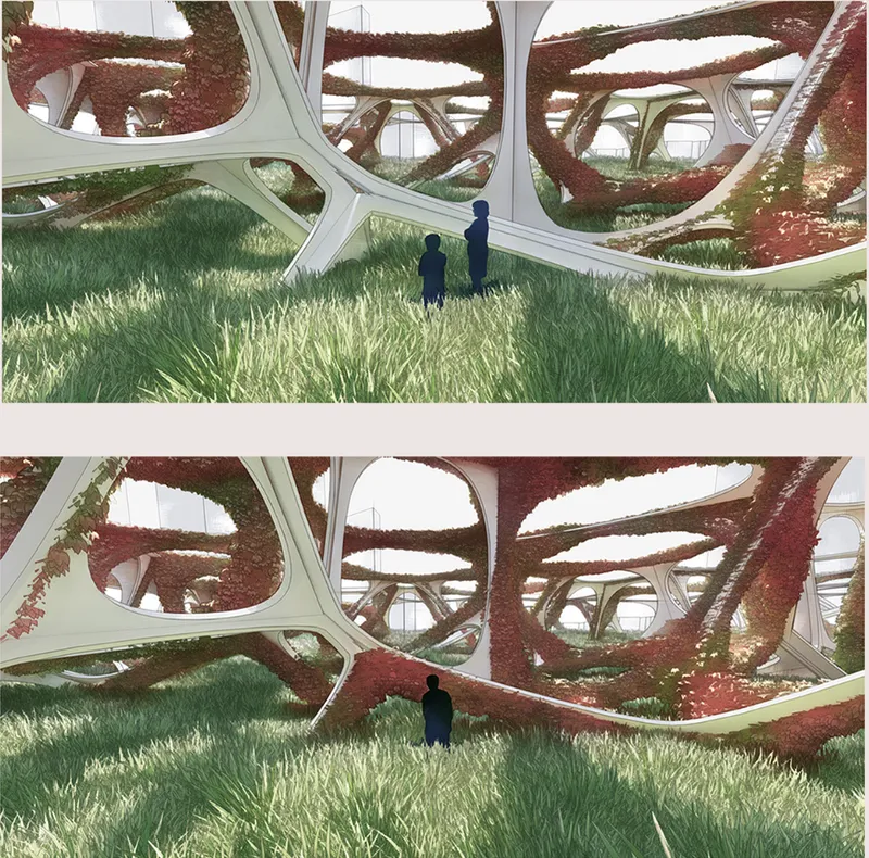 Interior views beneath branching white structure with planted roof and figures in tall grass