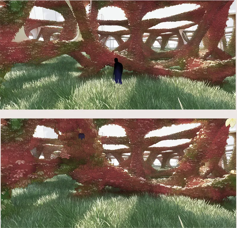 Interior perspectives showing planted canopy overhead and figure walking through grassy floor