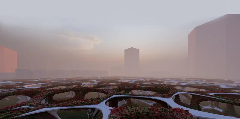 Aerial view of undulating planted roof canopies in heavy morning fog