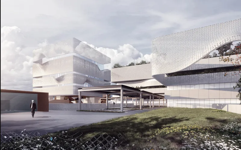 Entrance canopy with white columns beneath terraced white volumes clad in perforated screens with rooftop vegetation