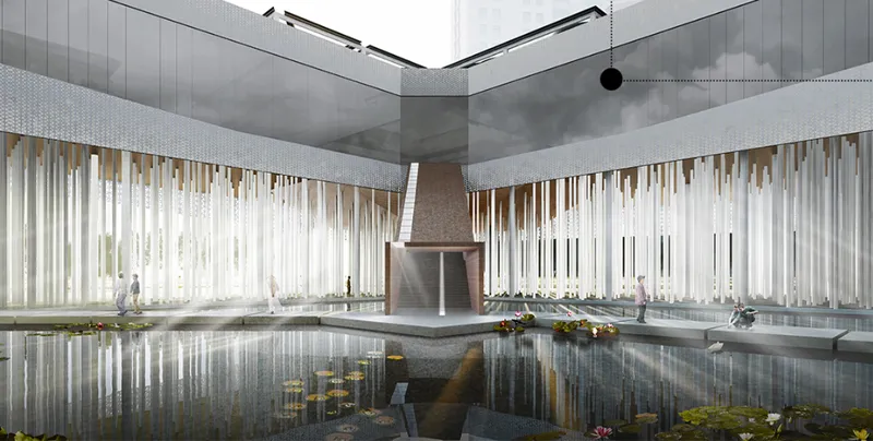 Courtyard reflecting pool with central sculpture plinth flanked by vertical metal and timber screen facades