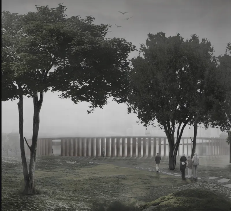 Long colonnade with vertical fins framed by trees and figures in morning mist