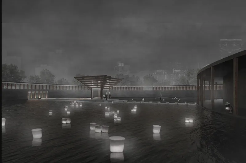 Courtyard reflecting pool with floating lanterns and covered pavilion at dusk