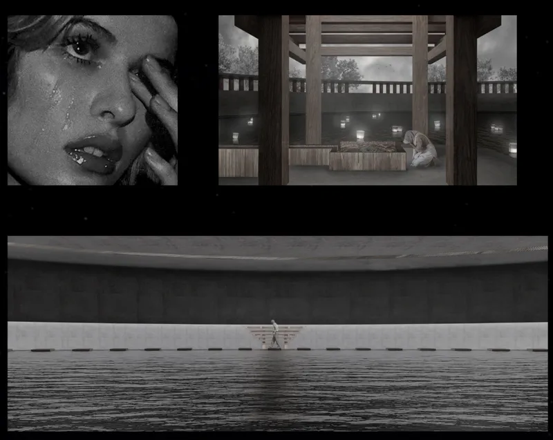 Horizontal stone colonnade along water with a solitary figure walking