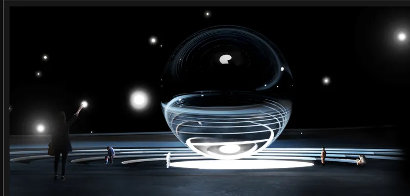 Interior rendering of a spherical glass enclosure with glowing horizontal bands and silhouetted visitors