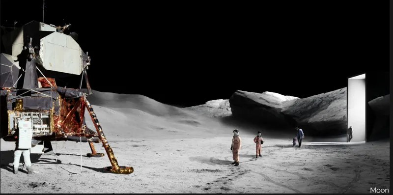 Lunar surface collage with astronauts walking near a landing module and a white rectangular portal