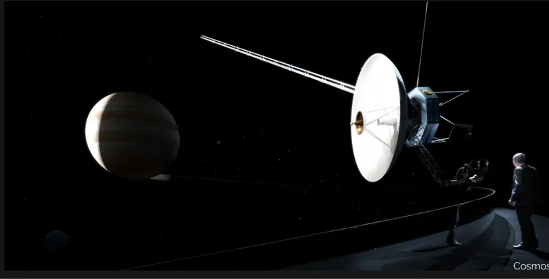 Rendering of a spacecraft with a large dish antenna approaching a crescent planet with an astronaut