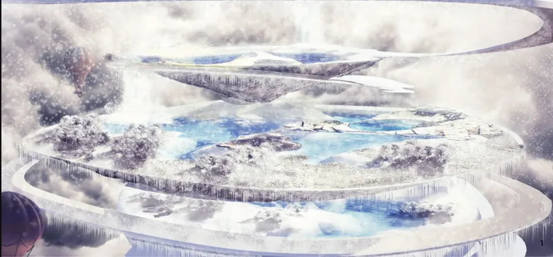 Aerial rendering of the three-lobed roof structure surrounded by icicles and snow-covered landscape