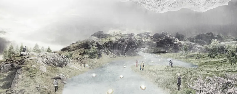 Ground-level rendering showing visitors on a misty path through terraced earthwork structures