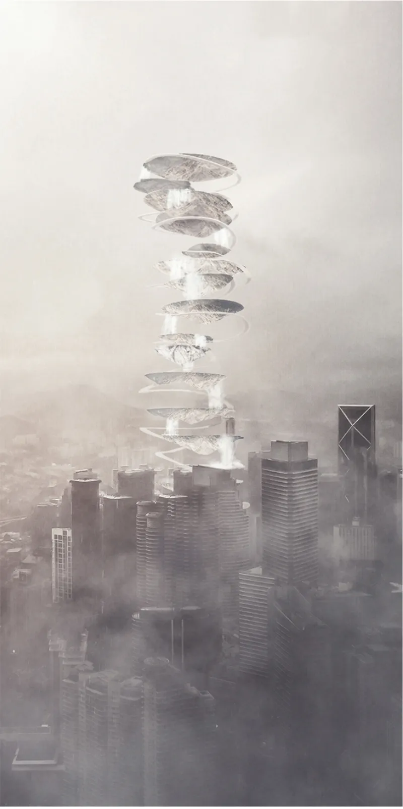Vertical tower with stacked floating disc-shaped floors rising through fog above the city