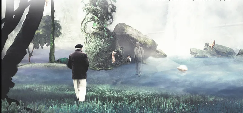 Rendering of figures approaching moss-covered rock formations beside a body of water