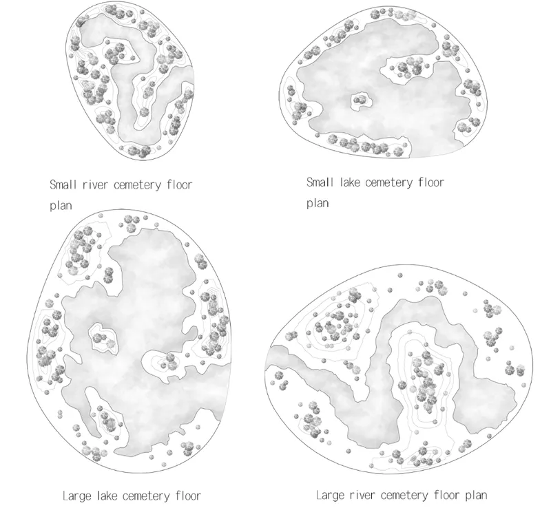 Floor plan drawings showing four organic burial ground layouts with water bodies and tree clusters
