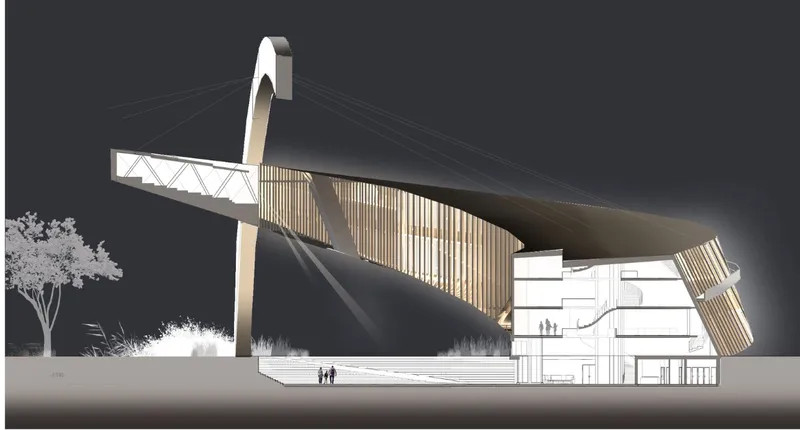 Section drawing showing the cable-stayed tower anchoring the cantilevered volumes with vertical louvers and terraced spaces