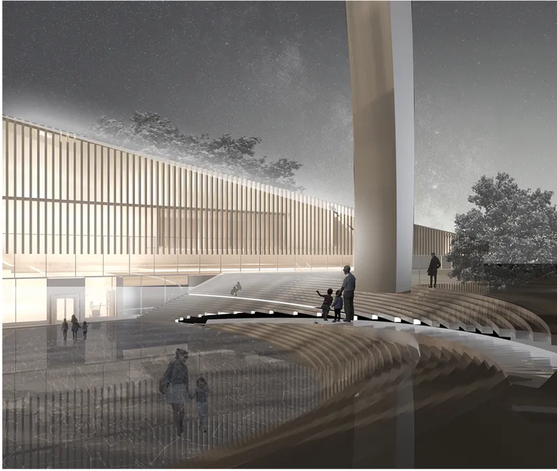 Interior courtyard with terraced seating platforms beneath the vertical louver screen and concrete pylon