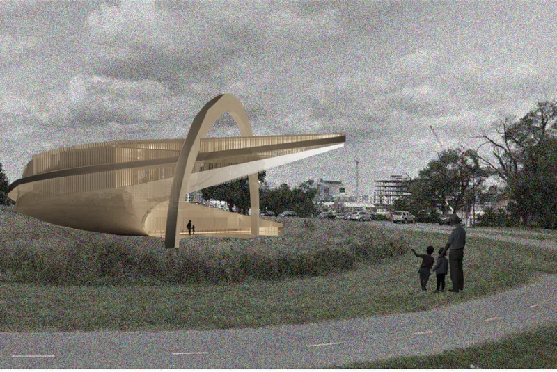 Exterior view of the concrete pylon and suspended cantilevered form with louver facade above an open lawn