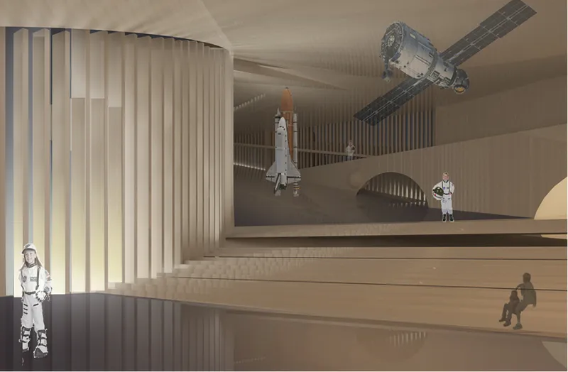 Interior gallery with suspended spacecraft models above terraced timber seating and curved vertical louver screen