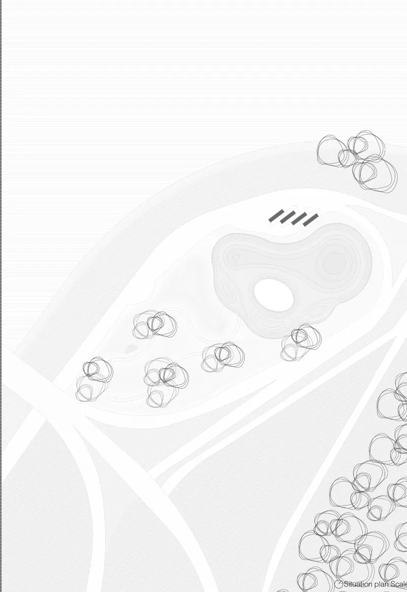 Site plan drawing showing organic roof forms with contour lines and clustered tree symbols