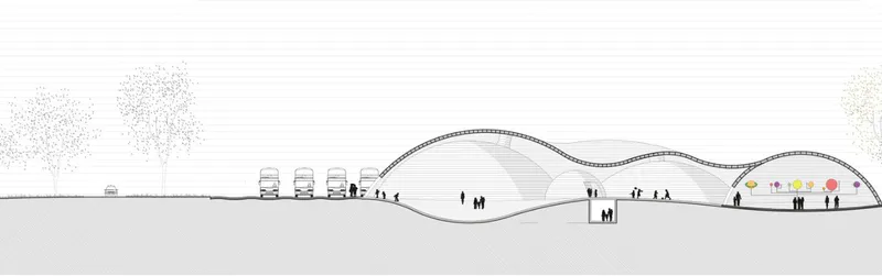 Section drawing of undulating roof volumes with figures and vehicles along a horizontal ground plane