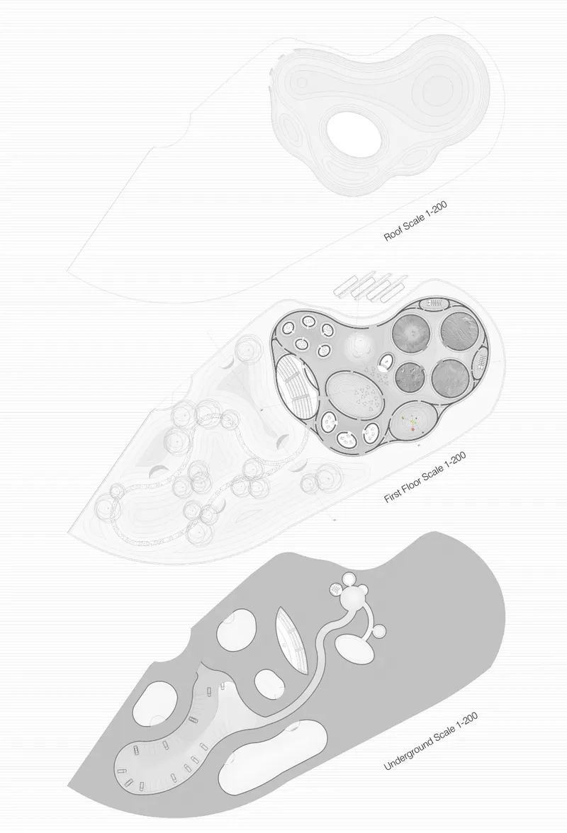 Layered plan drawings at three scales showing roof contours, interior spaces, and underground voids
