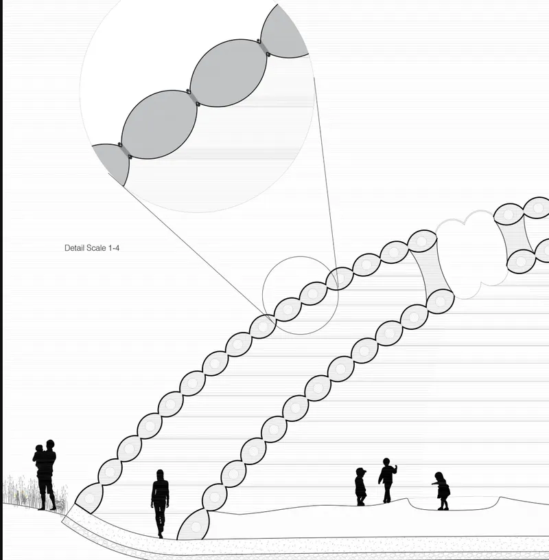 Detail elevation drawing of a ribbed facade with circular openings and figures at ground level