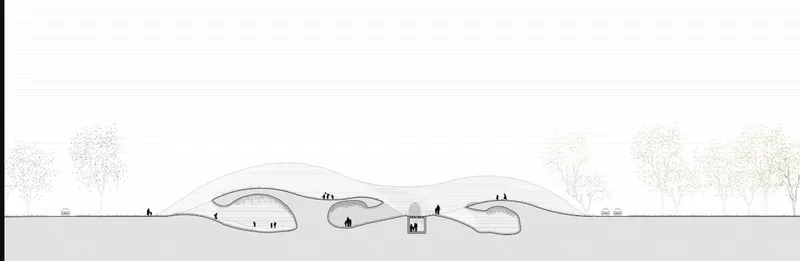 Section drawing showing flowing roof curves over interior spaces with figures and trees in silhouette