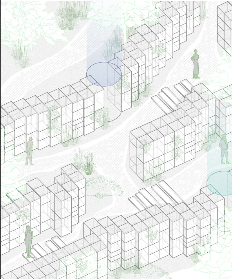 Axonometric drawing showing gridded pavilion volumes with planted courtyards and human figures scattered throughout