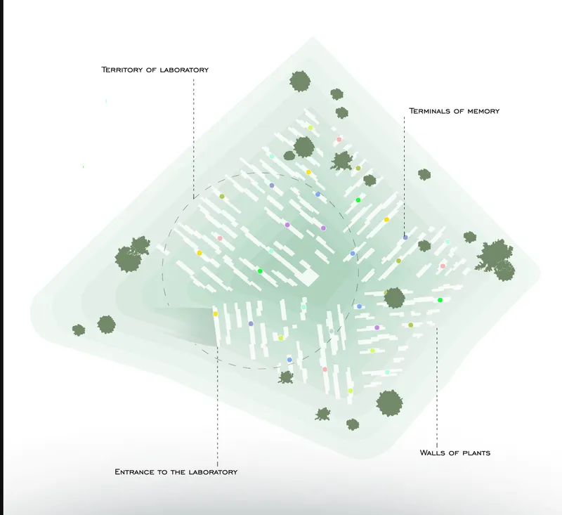 Site plan drawing depicting a cloverleaf-shaped layout with labeled zones and trees distributed around the perimeter