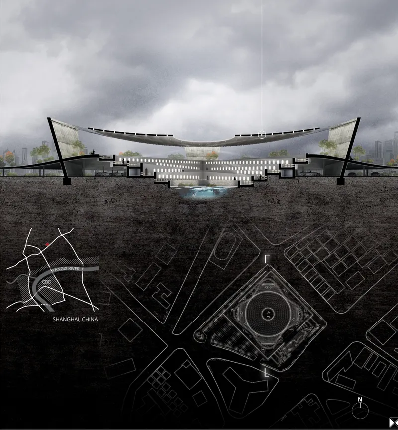 Section drawing showing the curved roof canopy over an illuminated central courtyard under overcast skies