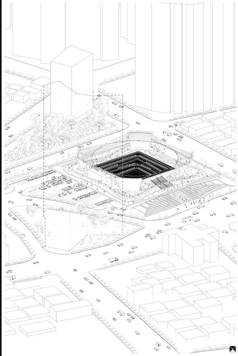 Axonometric drawing depicting a sunken square courtyard surrounded by terraced landscape and urban blocks