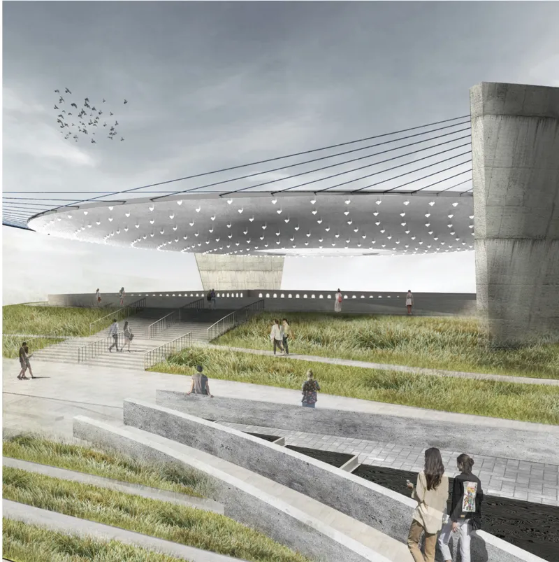 Elevated concrete canopy with perforated underside above terraced water features and pedestrians with birds overhead
