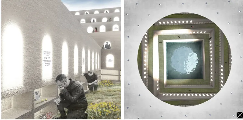 Interior view of memorial niches with vertical light slots and plan view showing circular skylight above water