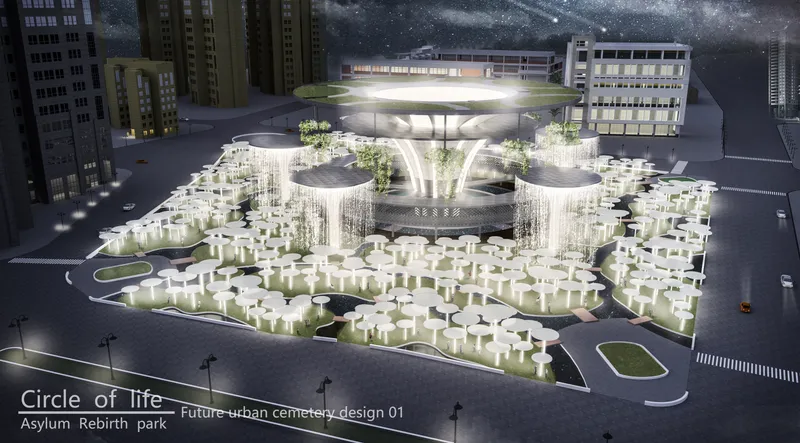 Aerial rendering of a circular canopy structure with radiating columns surrounded by white cylindrical memorial markers at night