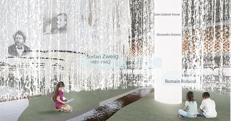 Interior memorial corridor with perforated walls and suspended wooden plaques where children sit on grass beside a shallow water channel