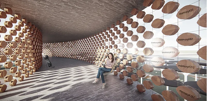 Vaulted interior with latticed brick ceiling and walls of wooden memorial discs where a visitor sits among light patterns