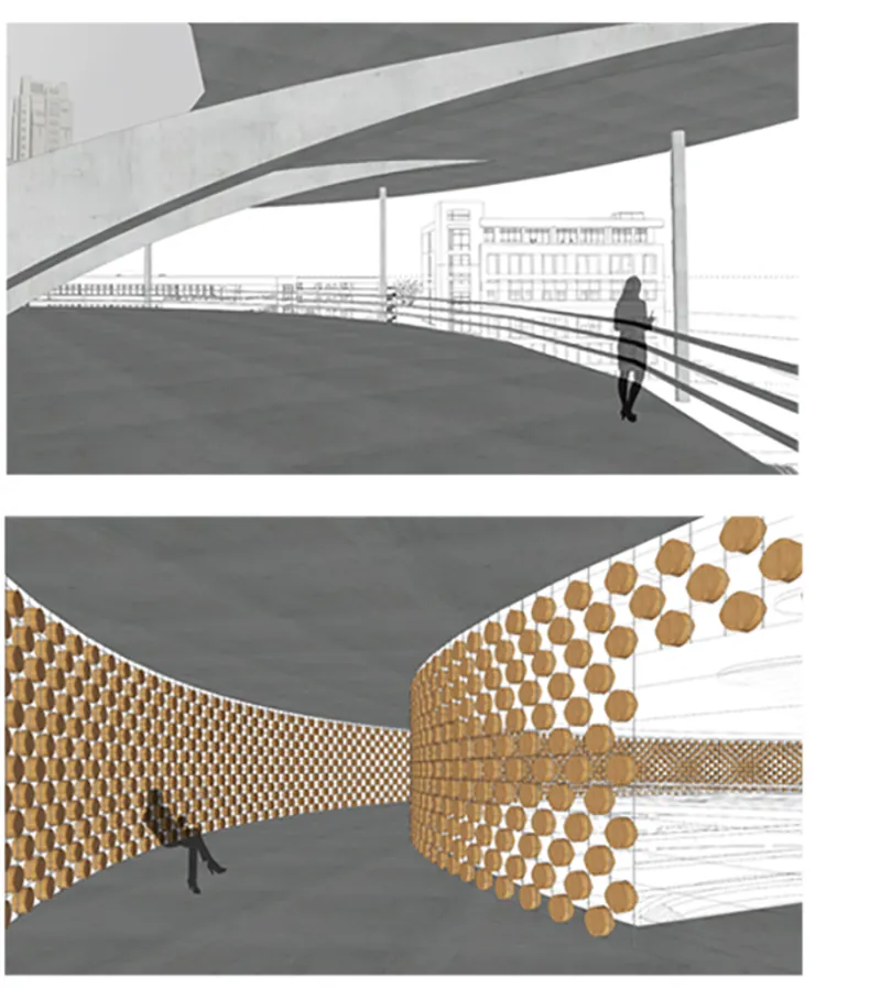 Rendering showing a curved ramp with figure walking and honeycomb lattice wall forming a passageway between interior spaces