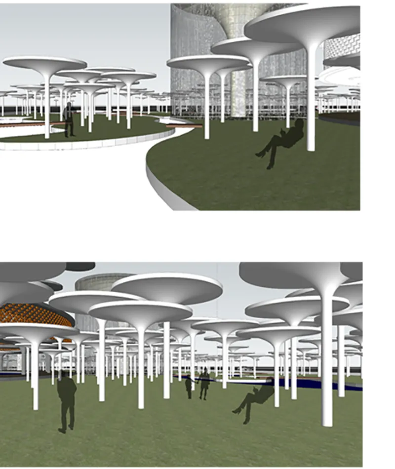 Interior rendering of white mushroom columns with circular canopies above green lawn with figures scattered throughout the space