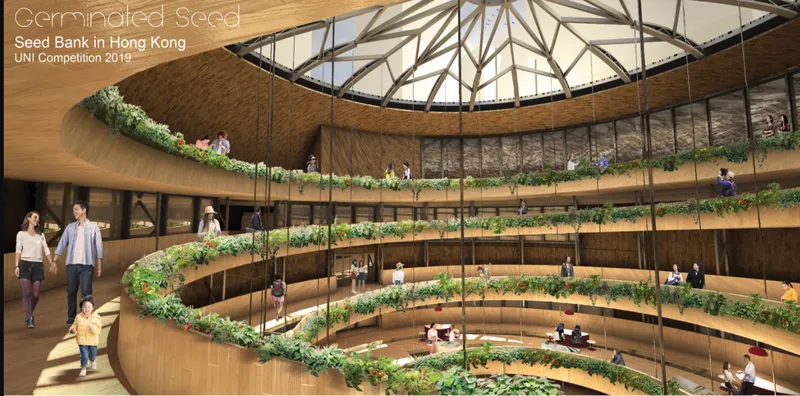 Interior atrium with spiraling planted terraces and a radial glazed skylight above visitors on multiple levels