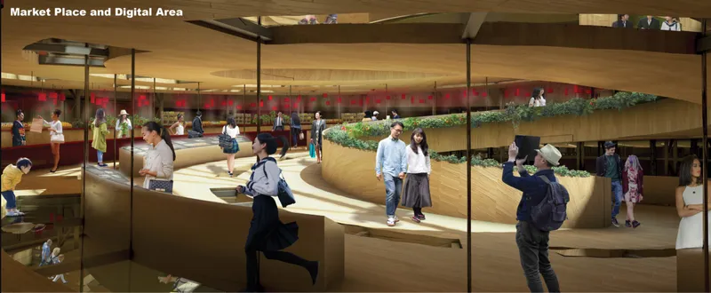 Open market floor with curving timber benches and planted terraces under columns and natural light