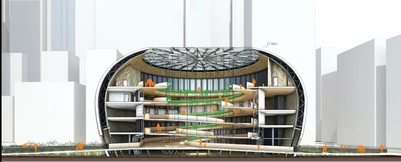 Section drawing showing the domed structure with spiral circulation ramps and central radial skylight in context