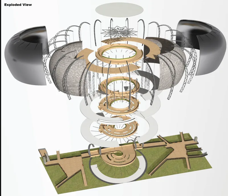 Exploded axonometric drawing revealing stacked floors with circular atriums and the radial roof structure above site