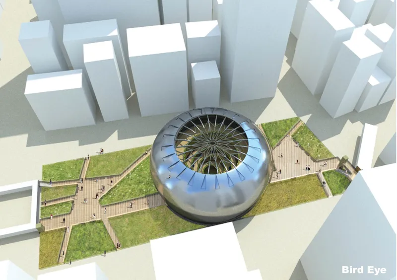 Aerial rendering of the metallic dome with radial skylight set in a landscaped plaza among tower blocks
