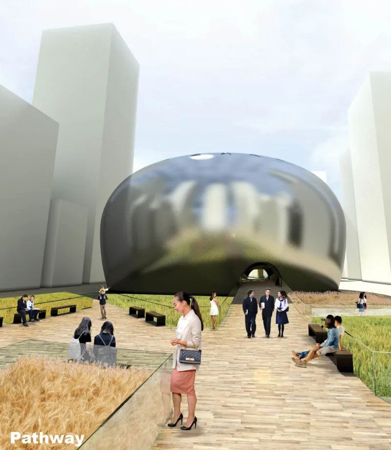 Ground view of the reflective metal dome above a timber deck with planted beds and people gathering